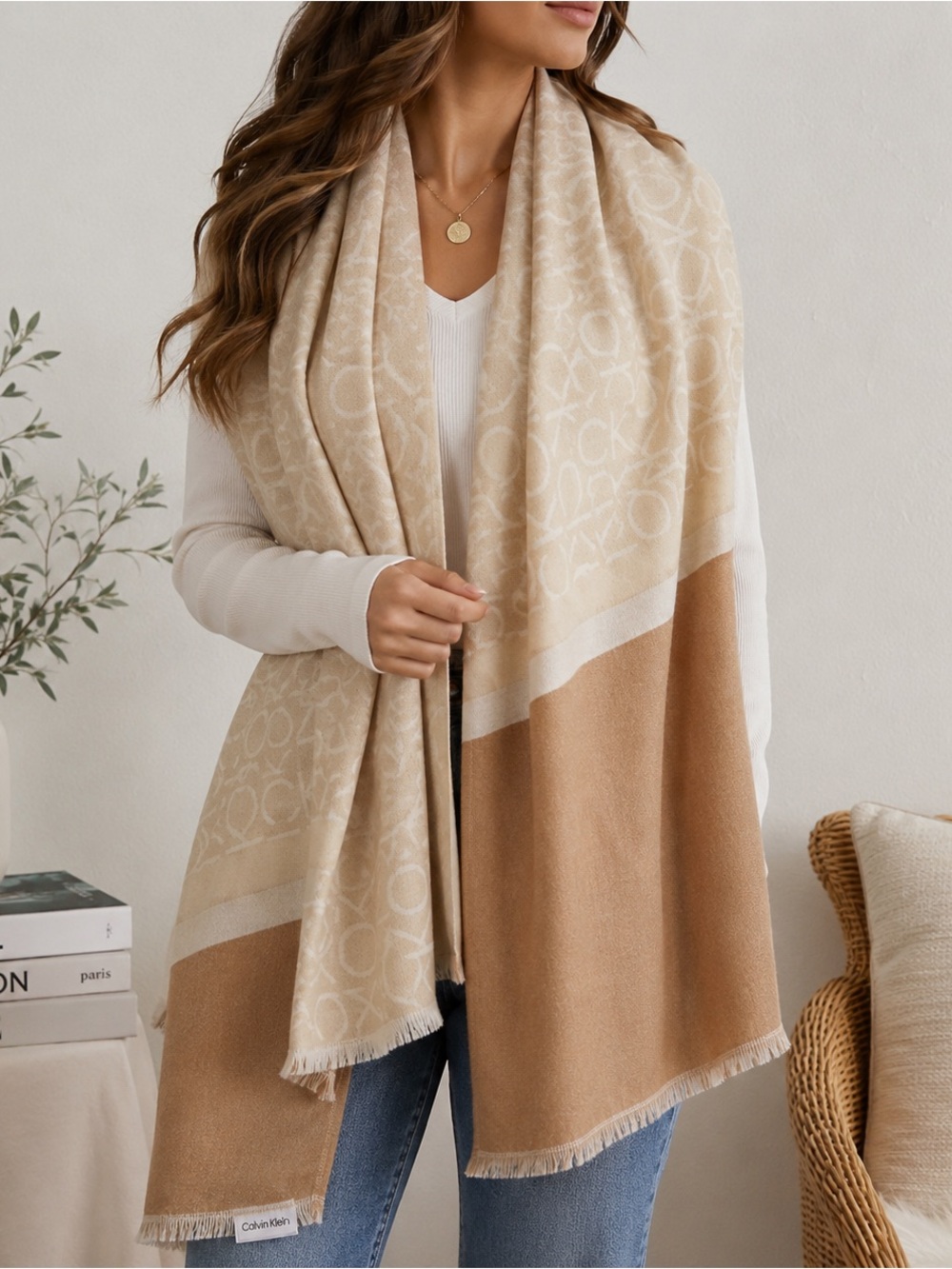 Calvin Klein Beige & Camel Logo Scarf